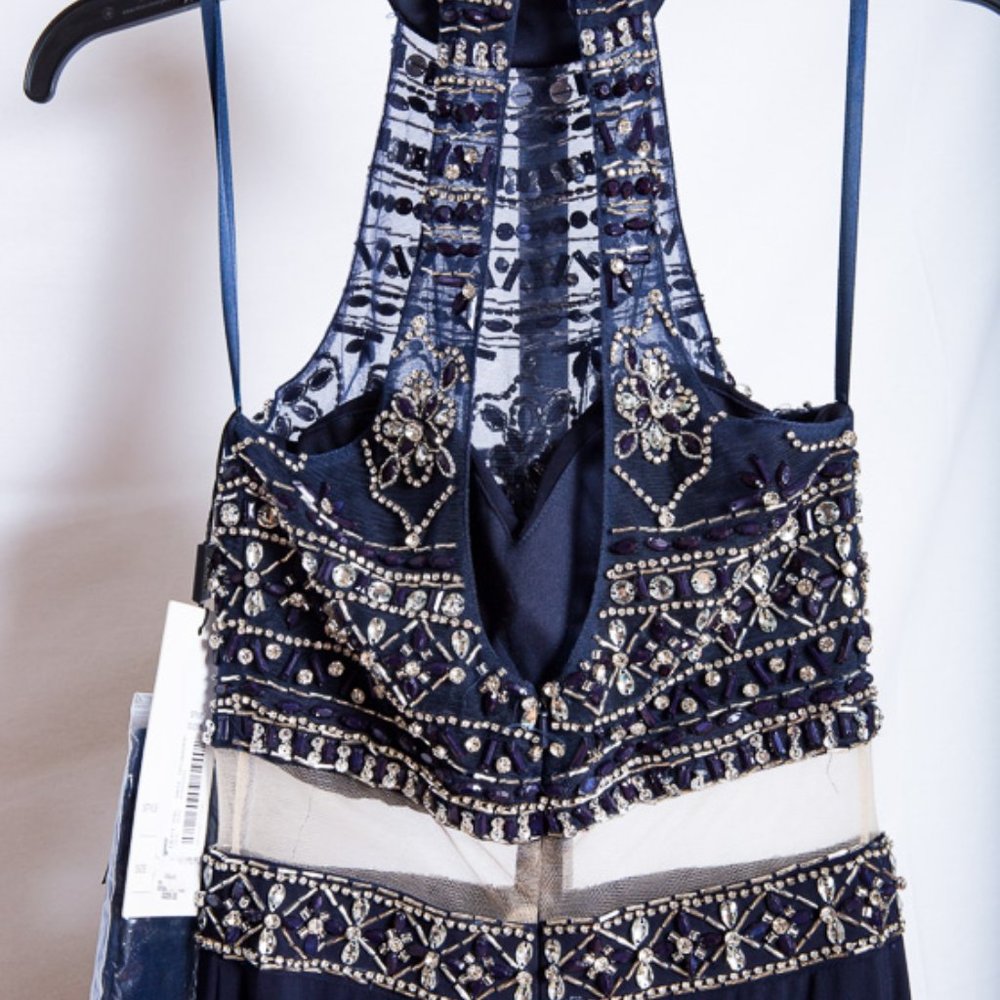 Coya Long Beaded Formal Blue Halter High Neck Keyhole Dress NWT $329 XS - Picture 6 of 14